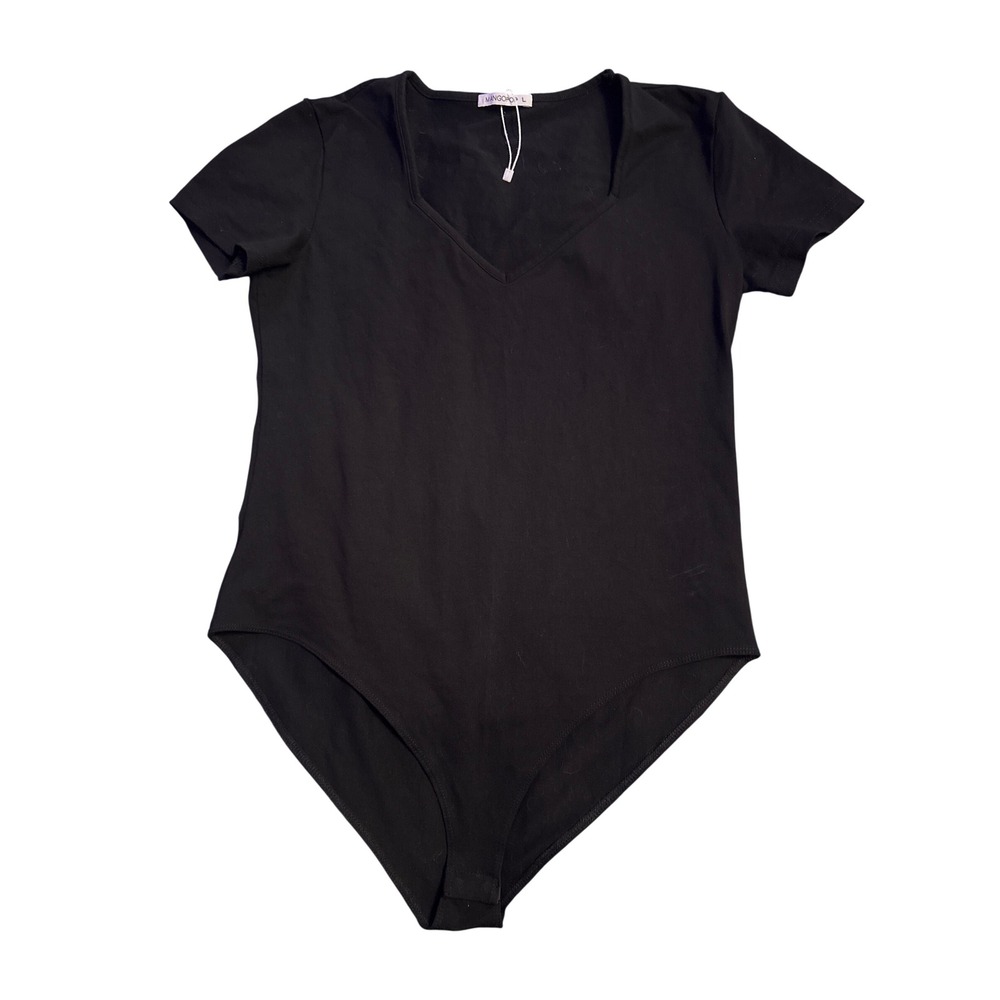 MANGOPOP Black Bodysuit V Neck Short Sleeve Stretch Basic Top Women's L